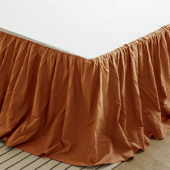 BISELINA French Linen Bed Skirt with Pleated Frills 22-Inch Tailored Drop Natural Flax Cotton Blend Dust Ruffle Soft Cozy Farmhouse Bedding (22" King, Rust)