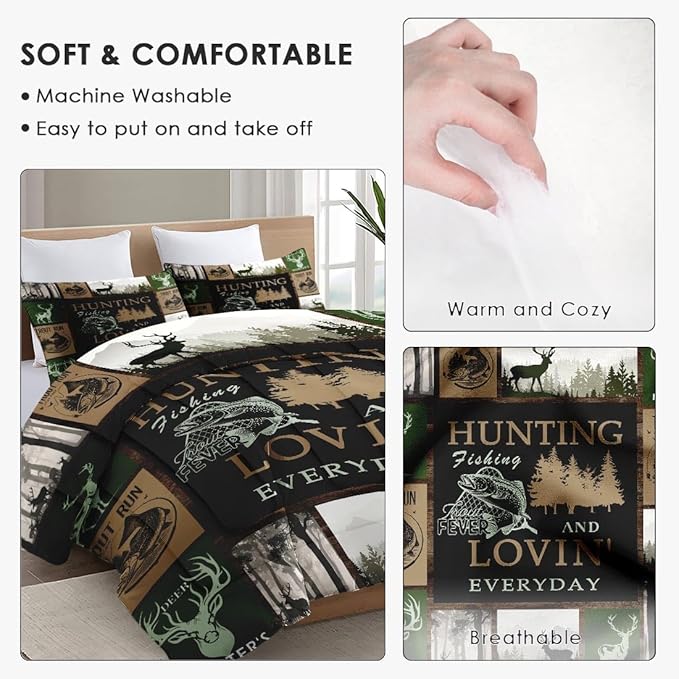 Twin Size Comforter Set with Pillowcase, Retro Mountains Gray Soft 2 Pcs Bedding for Kids and Adults, Deer Animal Tree Comforter Set for Bedroom Bed Decor