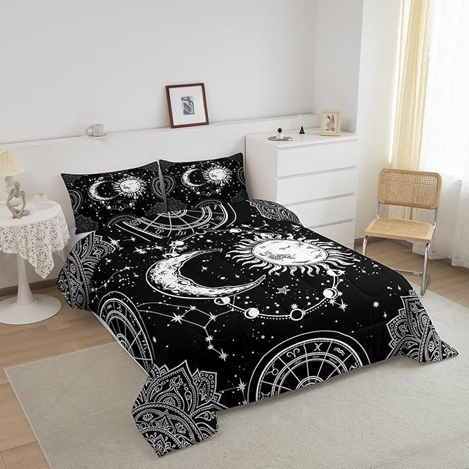 Sun and Moon Bedding Set Constellation Galaxy Comforter Set for Kids Boys Girls Teens Psychedelic Boho Mandala Comforter Breathable Celestial Duvet Set Black White Room Decor Quilt Cover Queen Size