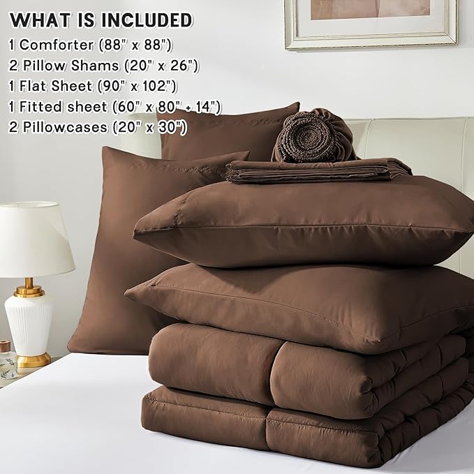 Anluoer Queen Comforter Set 7 Piece, Brown Bed in a Bag with Comforters, Pillow Shams, Pillowcases, Flat Sheet, Fitted Sheet