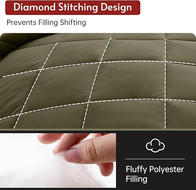 MUXHOMO 7 Pieces Full Comforter Set, Reversible Bed in a Bag Full Size, All Season Bedding Set with Comforter, Flat Sheet, Fitted Sheet, Pillowcases & Shams, Olive Green & Beige