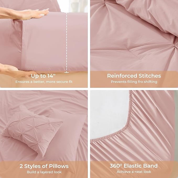 Sasttie California King Comforter Set, 7-Piece Bed in a Bag, Pintuck Bedding Sets for All Season, Includes Comforter, Flat Sheet, Fitted Sheet, Pillowcases and Pillowshams, Rose Gold