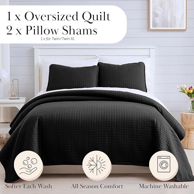 Southshore Fine Living, Inc. Quilts, Queen Size/Full Quilt Bedding Set, Stain & Pet Hair Resistant Bedding, Coverlet Queen Size/Full Size Quilt Bedspread, Soft Microfiber with 2 Pillow Shams, Black