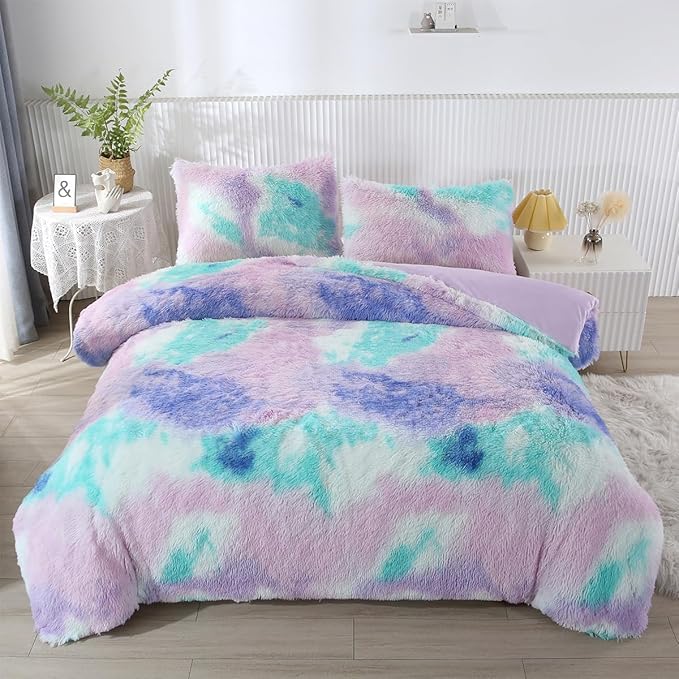 PERFEMET Purple Long Faux Fur Plush Comforter Twin 3-Piece Colorful Rainbow Fluffy Shaggy Girls Bed Sets for Teens Kids Tie Dye Fuzzy Furry Bedding Comforter Set(Purple, Twin)