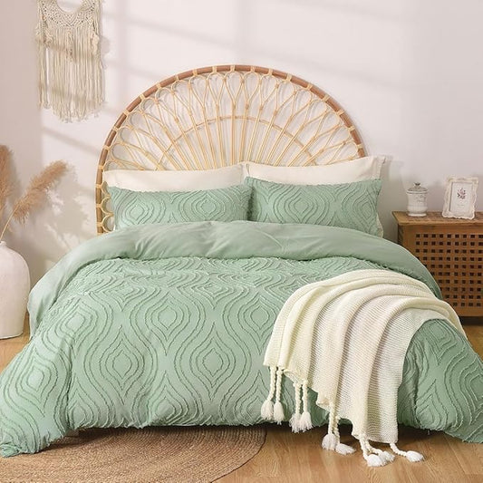 Lekesky Duvet Cover Queen Size, Teal Blue Tufted Queen 3pc Ultra Soft Microfiber Breathable Shabby Chic Bedding Sets with Zipper Ties (No Comforter)