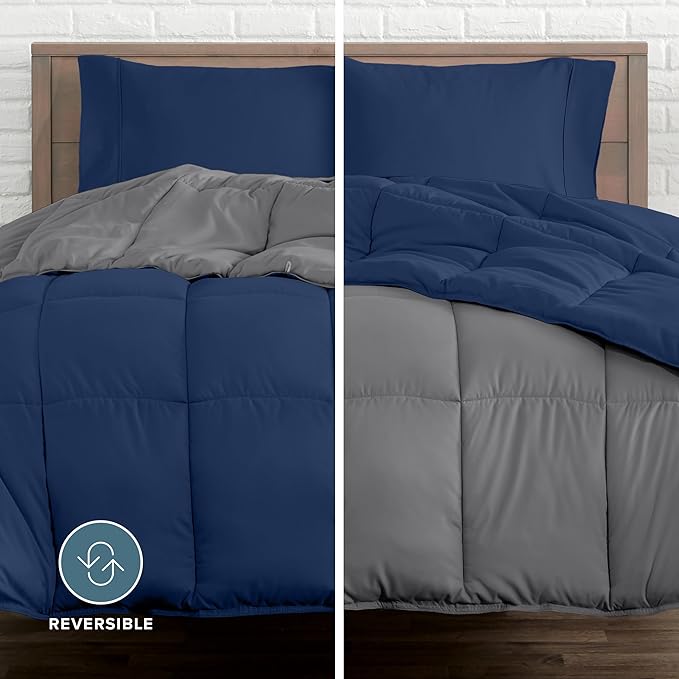 Bare Home Reversible Bed-in-A-Bag Comforter & Sheet Set - California King - Down Alternative - Soft - Bedding Set (Cal King, Dark Blue/Grey, Dark Blue)