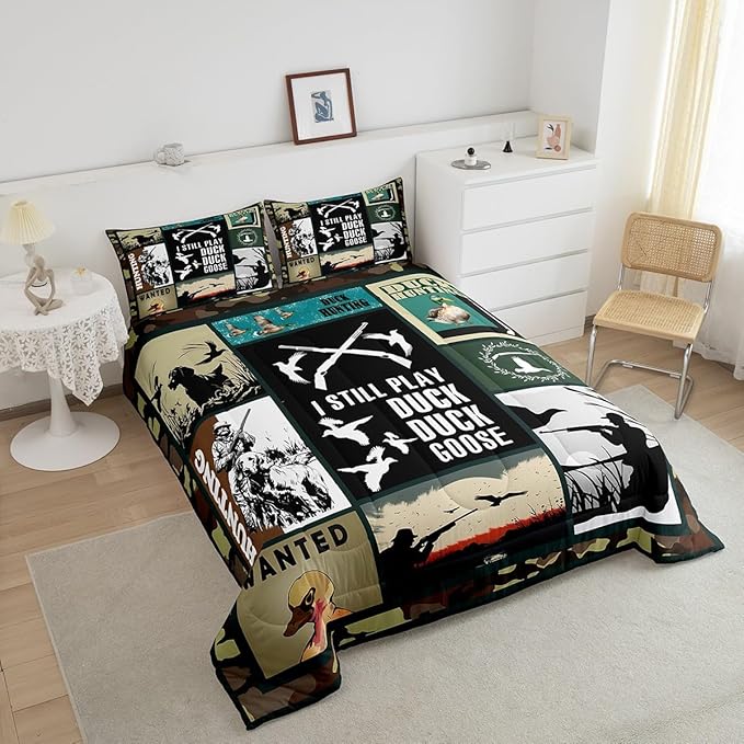 Feelyou Kids Duck Hunting Comforter Set King Size, Green Duck Bedding Set Hunting Fishing Comforter for Kids Boys Girls Wildlife Duvet Insert Room Decor with 2 Pillow Case