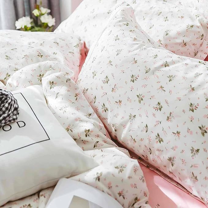 7 Pcs Queen Size Comforter Set with Sheets, Pink White Floral Pattern Printed Preppy Decor Reversible Bed Sets - 90 x 90 Soft Microfiber Flower Duvet Cottage Vintage Bedding in a Bag for Women Men