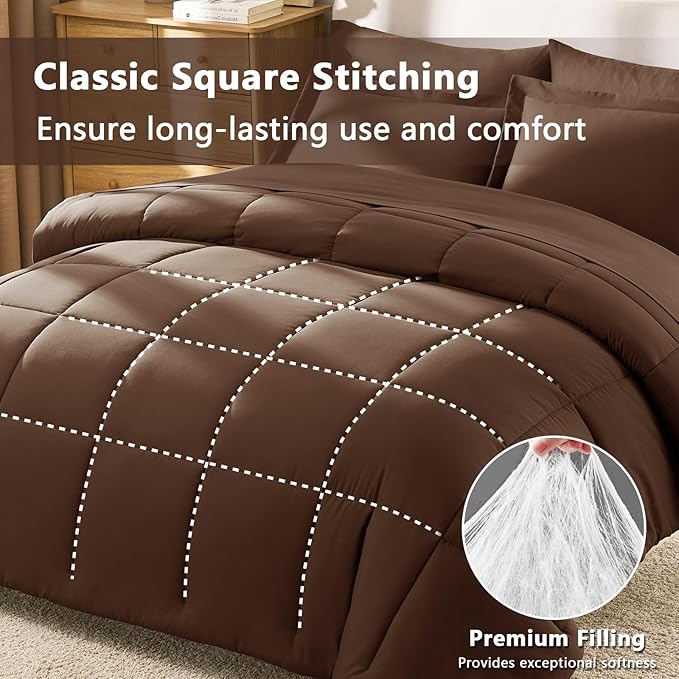CozyLux Full Size Comforter Sets Brown - 7 Pieces Bed in a Bag Full, Oeko-Tex Certified Bed Set, All Season Soft Bedding Set with Down Alternative Comforter, Sheets, Pillowcases & Pillow Shams