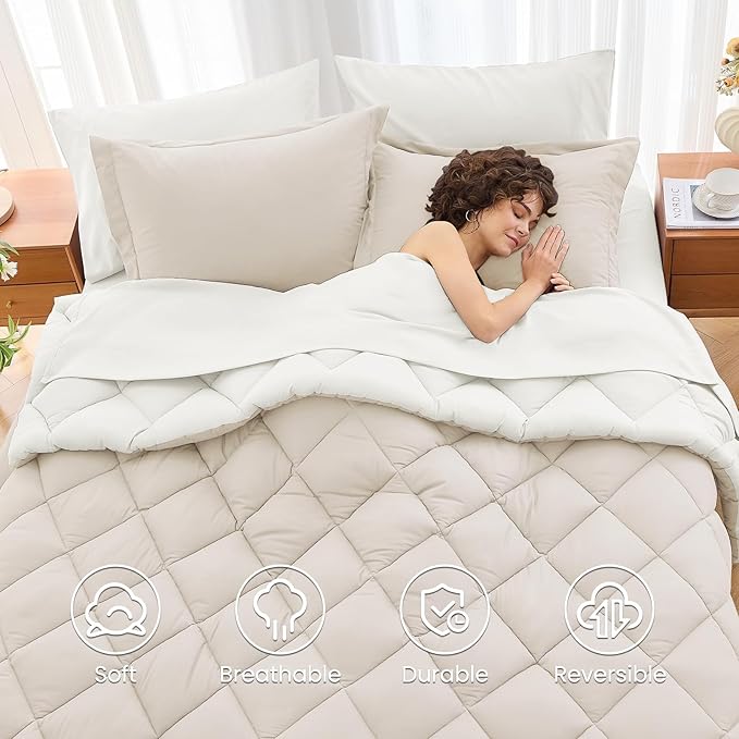 MUXHOMO 7 Pieces California King Comforter Set, Reversible Bed in a Bag Cal King Size, All Season Bedding Set with Comforter, Flat Sheet, Fitted Sheet, Pillowcases & Shams, Beige & White