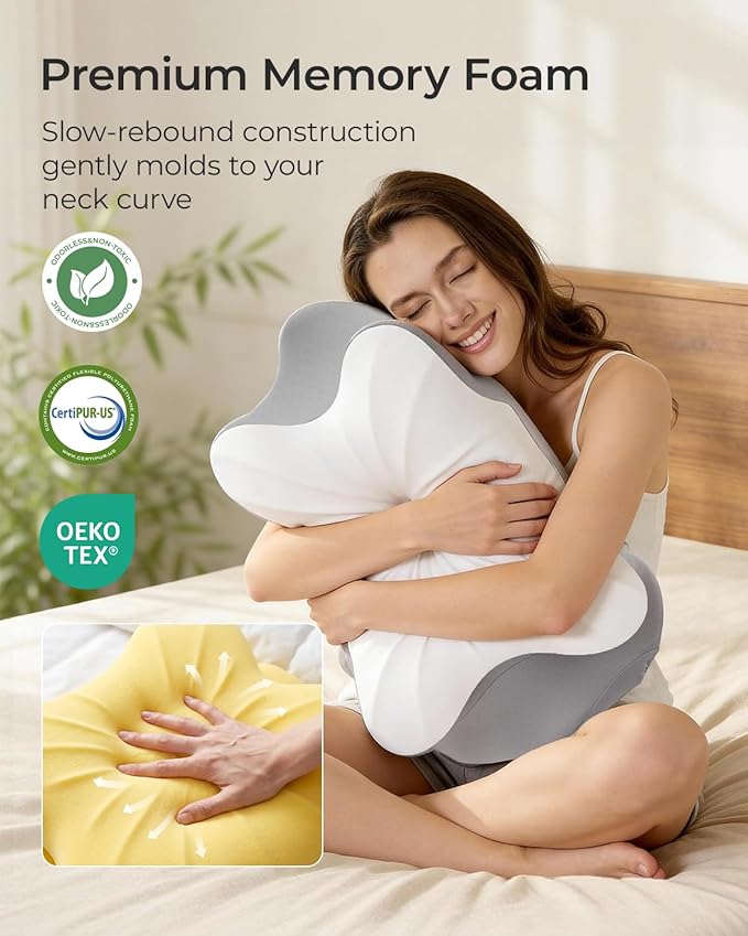 Cervical Neck Pillow for Neck Pain Relief, Ergonomic Contour Memory Foam Pillow with Cooling Pillowcase, Orthopedic Support Pillows for Side Back Stomach Sleepers, Gray