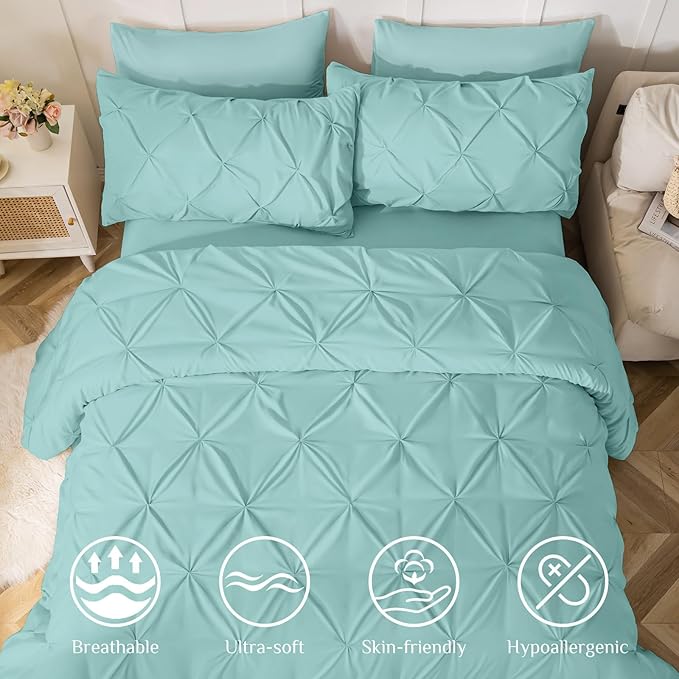 JOLLYVOGUE California King Comforter Set 7 Pieces - Bed in a Bag Cal King for All Season, Pintuck Bedding Comforter Sets with Comforter, Flat Sheet, Fitted Sheet and Pillowcases & Shams, Lake Blue