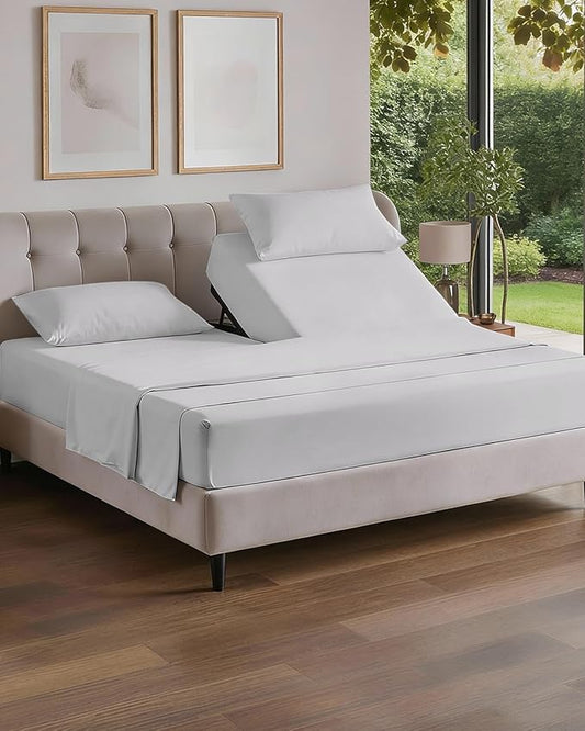 Flex Top Split Head King 4 Piece Sheet Set - Comfy Breathable & Cooling Bed Sheets Set - Hotel Luxury Bedding for Women, Men, Kids, Teens, Boys & Girls - Deep Pockets, Soft - Oeko-Tex - French Grey