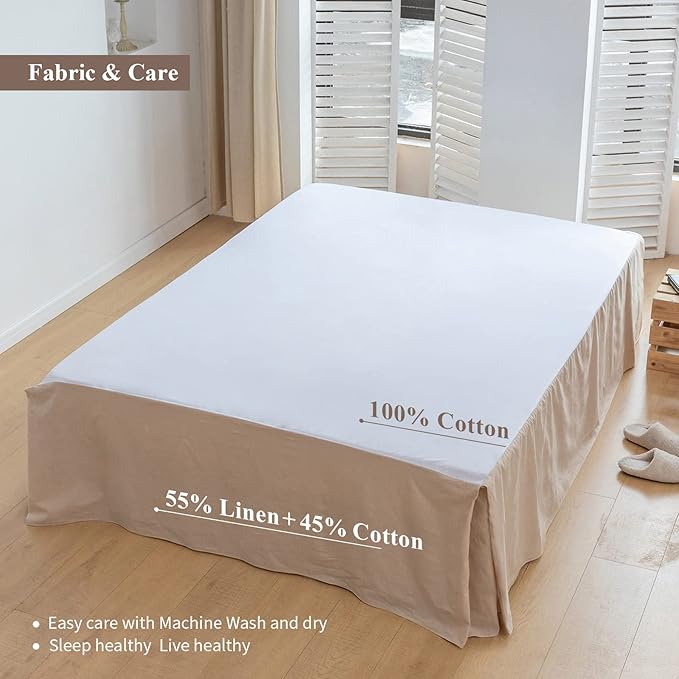 BISELINA French Linen Bed Skirt with Pleated Corner 18-Inch Tailored Drop Natural Flax Cotton Blend Basic Dust Ruffle Soft Cozy Farmhouse Bedding (18" King, Basic Linen)