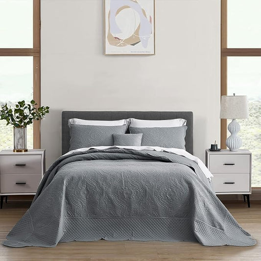 HZ & HY Oversized King Bedspread 128x120 Extra Wide, Ultrasonic Coverlet Bedding Set, Lightweight Thin Comforter, Reversible, 5 Piece, 100% Microfiber, Grey