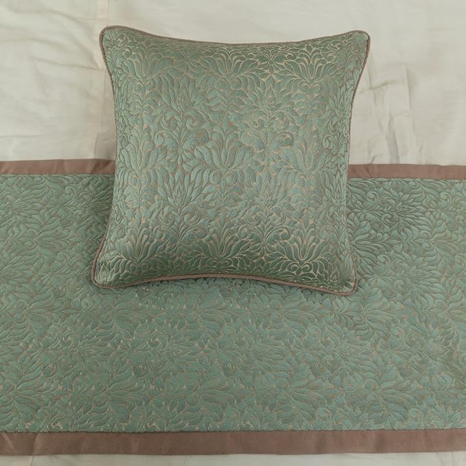 The HomeCentric King/Queen/Twin Blue & Beige Decorative King 90"x18" Bed Runner with Pillow Cover, Damask Bed Scarf on Jacquard Fabric - Arabella