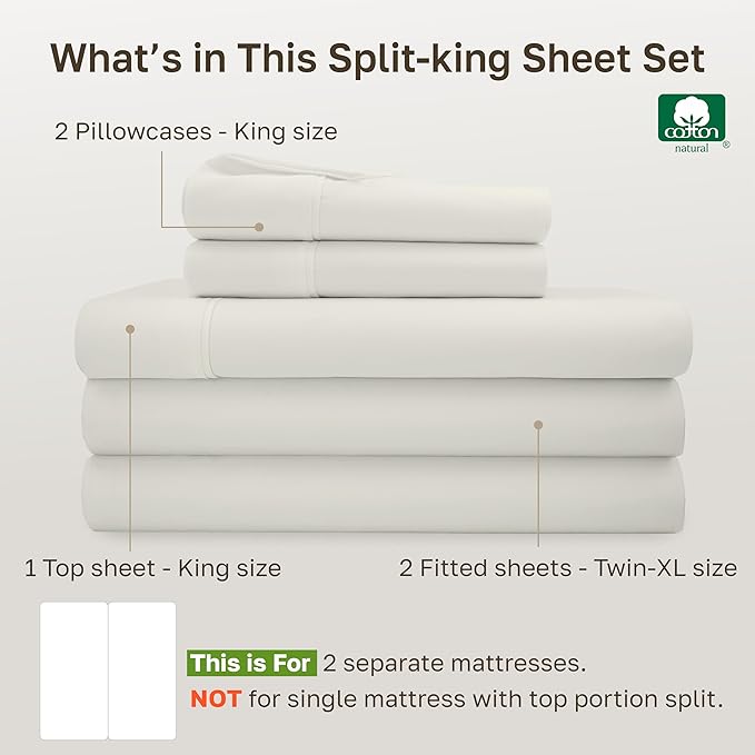 California Design Den Split King Sheets Sets for Adjustable Bed - Soft 400 Thread Count Sateen, Natural 100% Cotton Sheets, Deep Pockets, Breathable, & Durable Bedding Set - Ivory (Pale Tone)