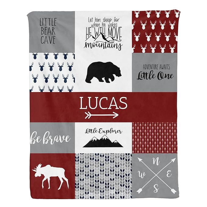 Customzed Baby Blanket for Boys Super Soft Double Layer with Dotted Backing, Monogrammed Receiving Blanket with Cute Woodland Multicolor Printed Blanket Red 40 x 50 Inch