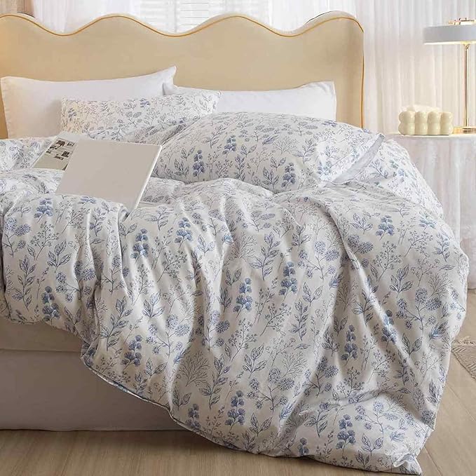 Faincy 7 Pcs Queen Size Comforter Set with Sheets, Blue Floral and White Flower Leaf Pattern Print Alternative Bed Sets - 90 x 90 inch Soft Microfiber Farmhouse Vintage Bedding in a Bag for Women Men