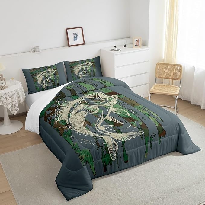 Feelyou Bass Fish Comforter Set Full Size Green Camouflage Bedding Set for Fishing Lover Gifts Boys Girls Camo Pike Fish Fishing Comforter Wild Fisherman Bed Set Rustic Cabin Bedroom Decor