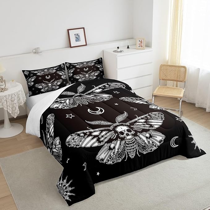 Boys Boho Moth Comforter Set Queen Size Men Gothic Skull Bedding Set for Girls Women Bedroom Decor Bohemian Moon Star Comforter Personalized Moth Skull Skeleton Bones Duvet Set Teens Quilt Set