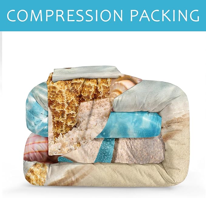 Bedbay California King Comforter Set Beach Theme Bedding Starfish Marine Life Turquoise Ocean Quilt Bed Set California King Soft Microfiber Beach Comforter 3 Pcs(104" Wx96 L)