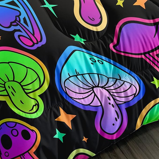 Mushroom Comforter Set Kids Bedding Set Full,3Pcs Colorful Soft Black Gradient Mushroom Quilt Set Bed in A Bag with 1 Comforter 2 Pillowcases for Kids Boys Girls Teens Adults Room Decor All Season