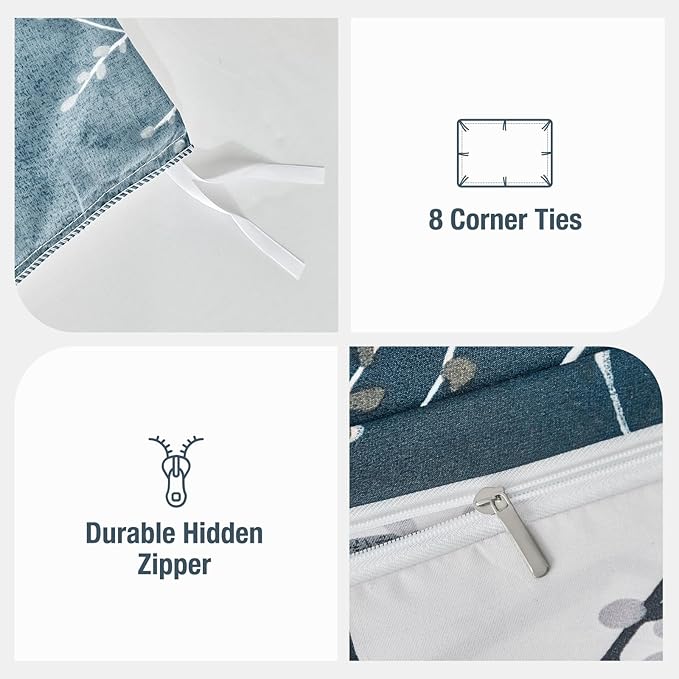 Lekesky Reversible Duvet Cover Queen Size, Dark Blue White Thin Branch Comforter Covers Queen 3pc Ultra Soft Microfiber Breathable Stylish Bedding Sets with Zipper Ties