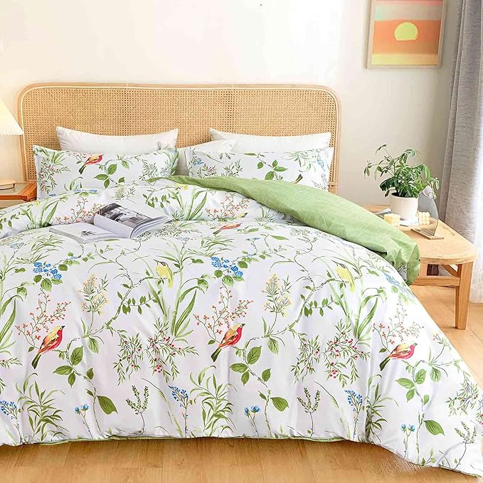 Nanko Queen Size Duvet Cover Set, Green Floral/Flower Leaf Bird Print Pattern, 3pc 90x90 Microfiber Comforter Quilt Bedding Cover with Zip Ties - Spring Modern Farmhouse for Men and Women Teen Girl