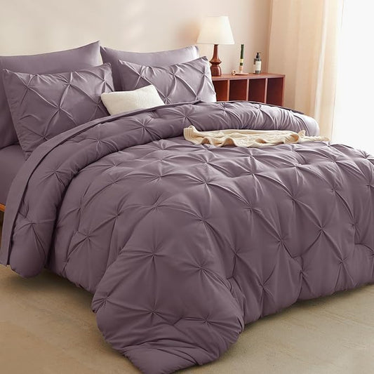 CozyLux Full Size Comforter Sets Grayish Purple, 7 Pieces Bed in A Bag Purple Comforter Full Size, Pinch Pleat Bedding Sets with All Season Comforter, Sheets, Pillowcases & Shams
