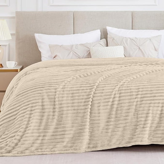 BEDELITE Blankets Queen Size for Bed, 300GSM Soft & Warm Fleece Blanket, Decorative and Giftable Striped Beige Blankets for Women, Men, 90"x90"