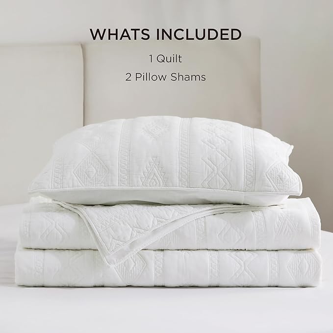 Bedsure 100% Cotton Quilt Set - King Size Bedspread, Lightweight Soft Bed Coverlet, 3-Piece Cozy Stitching Quilt Set with 2 Pillow Shams in Geometric Pattern for All Season, 106x96 inches, White