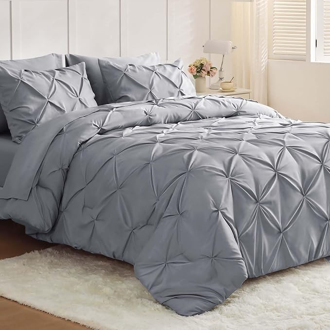 JOLLYVOGUE Full Size Comforter Sets 7 Pieces - Bed in a Bag Full for All Season, Pintuck Bedding Comforter Sets with Comforter, Flat Sheet, Fitted Sheet and Pillowcases & Shams, Light Grey