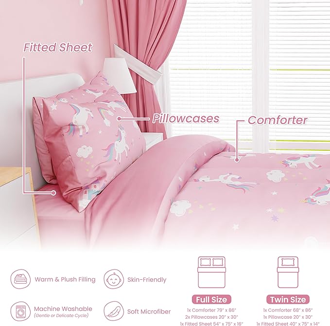 SANDJEST Unicorn Comforter Set Twin Size 68x86in for Kids Girls, Microfiber 3 Pcs Bedding Set Includes 1 Comforter, 1 Pillowcase, 1 Fitted Sheet, Nursery Room Decor