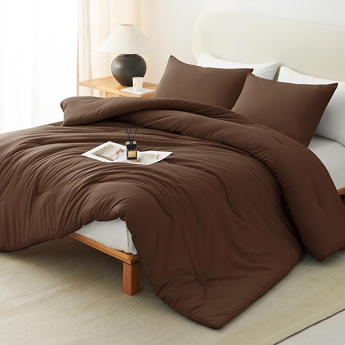 CozyLux King Size Comforter Set Brown, 3 Pieces Solid Comforters King Size Breathable Quilted Style Bedding Set, Luxury Soft Bed Set with Down Alternative Comforter (1 Comforter & 2 Pillowcases)