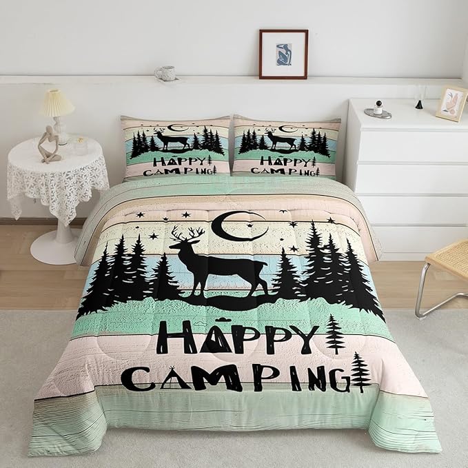 Camper Decor Quilt Bedding For Full Rustic Farmhouse Camping Comforter Set Woodland Animal Deer Rv accessories Bedding Sets Gifts For Teen Boys Girls Black Green Wooden Board Bunks Decor 2 Pillowcases