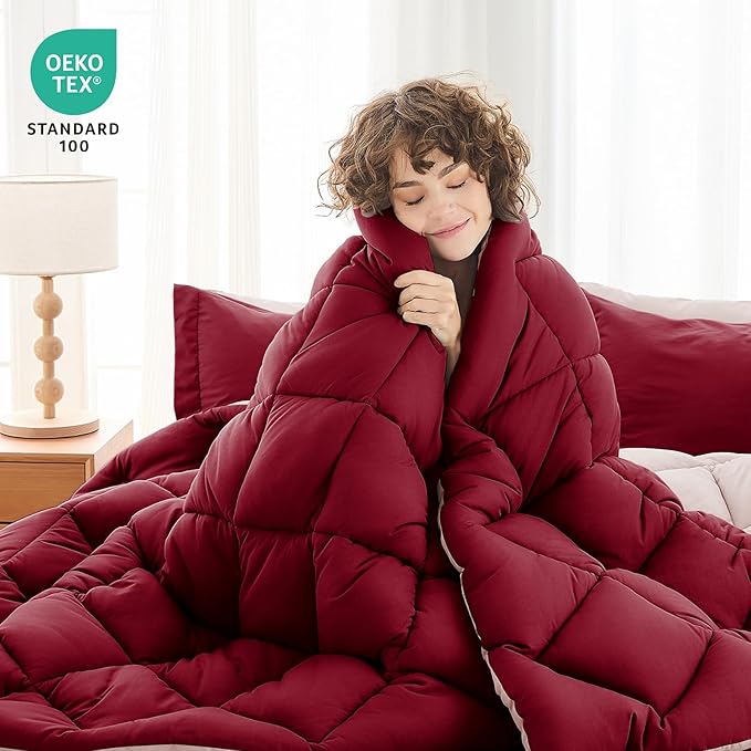 MUXHOMO 7 Pieces Queen Comforter Set, Reversible Bed in a Bag Queen Size, All Season Bedding Set with Comforter, Flat Sheet, Fitted Sheet, Pillowcases & Shams, Burgundy & Rose Gold