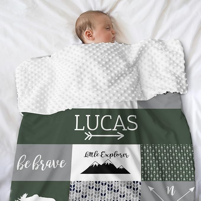 Personalized Baby Blanket Cute Animal Blanket for Boys - Soft Double Layer with Dotted Backing, Toddler to Newborn, Shower Gifts, Bronze Green (35 X 45 inches)