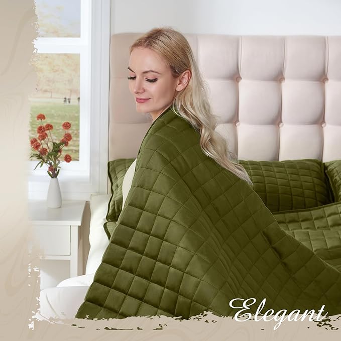 Luxury Velvet Quilt Set Queen Size, Comforter Set with Pillow Shams, Soft Lightweight Bedspread Coverlet Bedding Sets for All Seasons, Dark Green