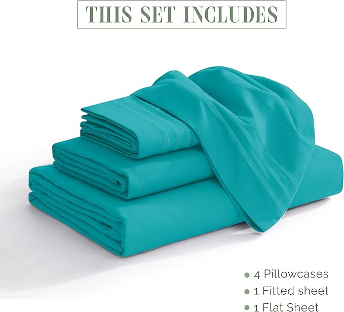 Elegant Comfort Luxurious 1500 Premium Hotel Quality Microfiber Three Line Embroidered Softest 4-Piece Bed Sheet Set, Wrinkle and Fade Resistant, Queen, Turquoise