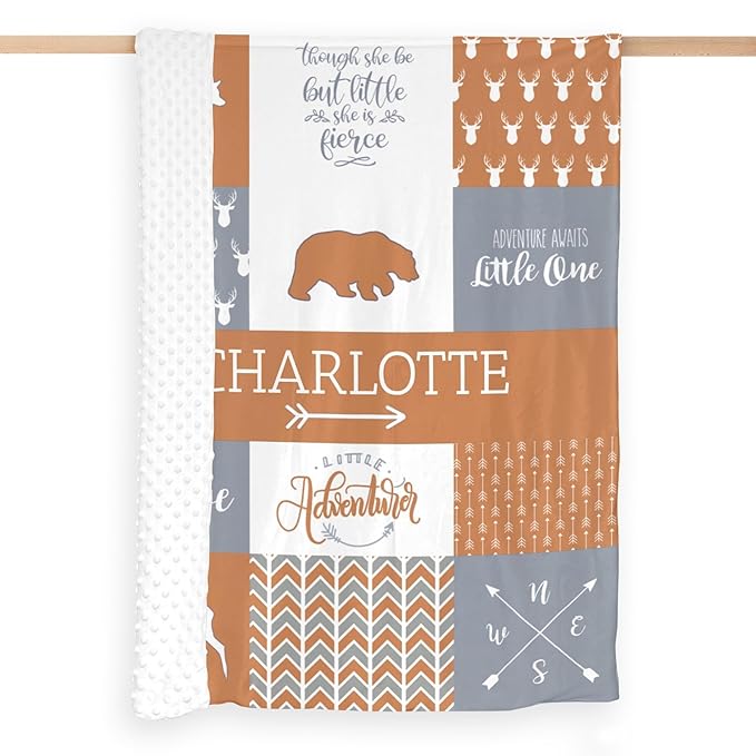 Customzed Baby Blanket for Girls Super Soft Double Layer with Dotted Backing, Monogrammed Receiving Blanket with Cute Woodland Multicolor Printed Blanket Burnt Orange 40 x 50 Inch
