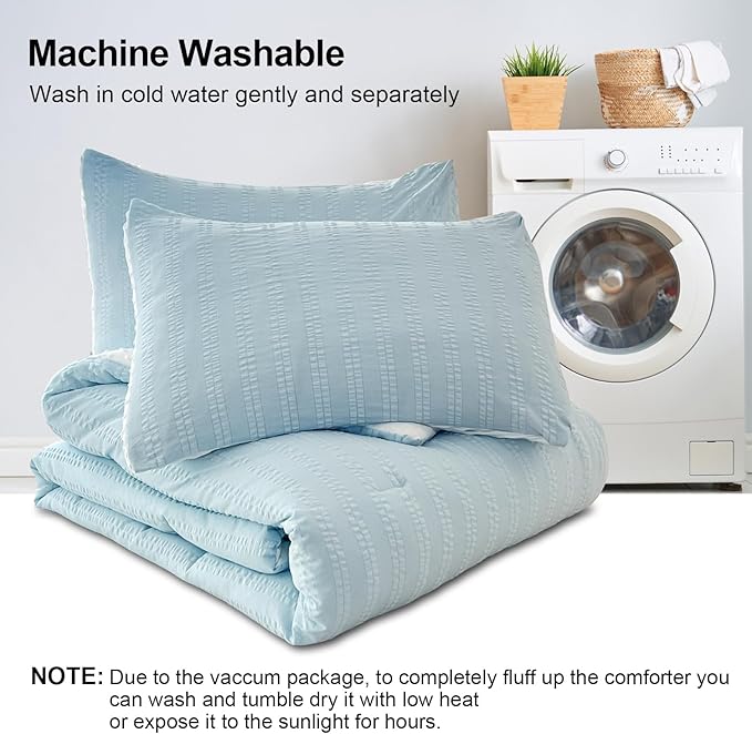 Boho Comforter Set Twin Size Striped Pleats Bohemian Seersucker Bedding Set All Season Soft Cozy 2 Pieces Quilt with 1 Pillowcase(68"X90" Light Blue)
