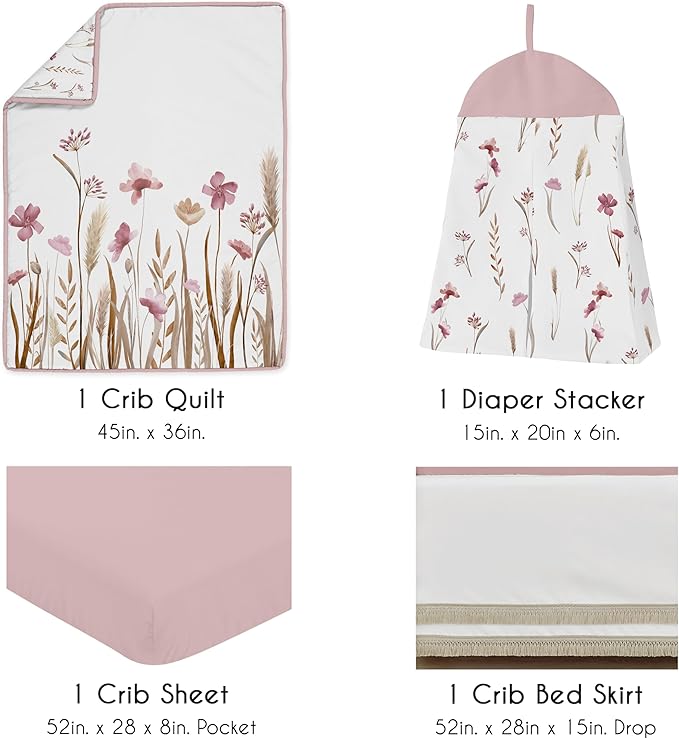 Sweet Jojo Designs 4-Piece Baby Crib Bedding Set (Pink Boho Floral) for Girls, Infants/Nursery incl. Blanket, Fitted Sheet, Skirt, Diaper Stacker (Vintage, Wildflower Garden, Bohemian, Farmhouse)