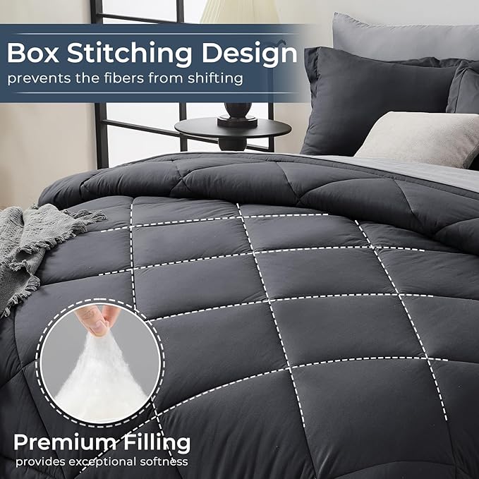 HEVUMYI Queen Comforter Set - 7-Piece All Season Bed in a Bag Queen, Ultra Soft Bedding Set with Comforter, Flat Sheet, Fitted Sheet, Pillowcases, Pillow Shams, Dark Grey & Light Grey