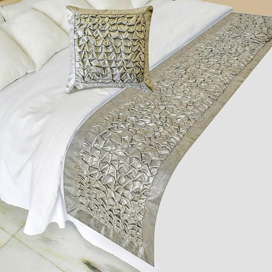 The HomeCentric King/Queen/Twin Silver Decorative Bed Runner Queen 74"x18" Bed Runner Without Pillow Cover, Foil, Knotted,Textured Bed Scarf on Jacquard Fabric - Polished Silver