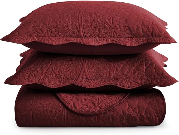 MOONLIGHT20015 King Quilt Bedding Set Size (106" x 96") + 2 Pillow Shams (20" x 36"+ 2") - 3 Pcs All Season Lightweight Reversible Quilt Bedspread Microfiber Floral Embossed Coverlet (Burgundy)