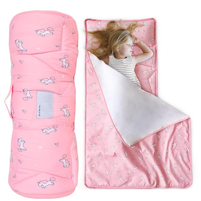 Toddler Nap Mat with Blanket 50" x 21" x 1.5", Nap Mat for Boys Girls Super Soft and Cozy, Kids Sleeping Bag for Preschool, Daycare, Toddler Sleeping Bag, Pink Horse