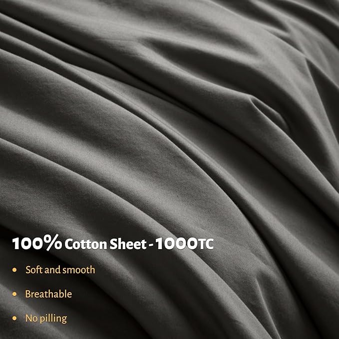 Shilucheng 100% Egyptian Cotton King Size Sheets Set - 1000 Thread Count，Luxury Cotton Bed Sheets，Breathable & Cooling Bedding and Pillow Cases, 16 Inch Deep Pocket - 4 Piece (Dark Grey, King)