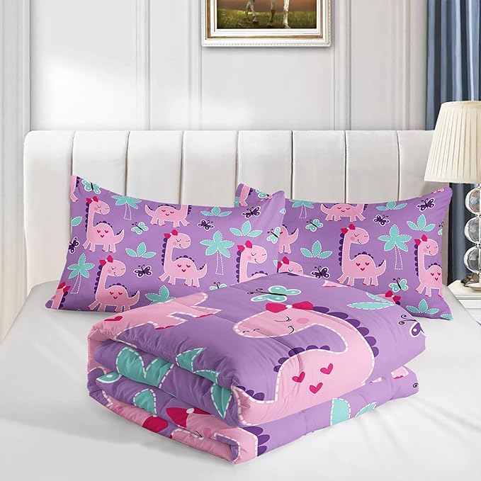 Axolotl Purple Dinosaur Comforter Set King Size,Cute Dinosaur Girls Bedding,Cartoon Dinosaurs Bedding Set for Girls Teens,Kawaii Dino Animal Kids Comforter for Boys Adults,1 Quilt 2 Pillow Cases