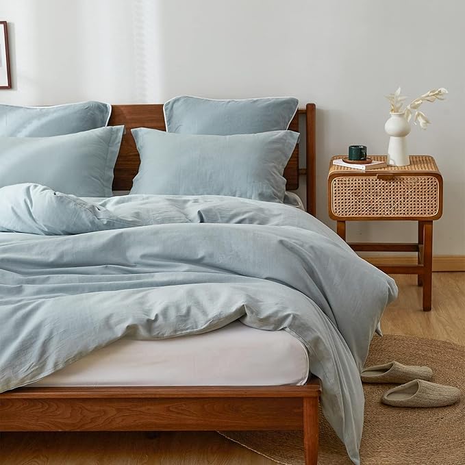 Simple&Opulence 100% Linen Duvet Cover Set, Natural French Flax Dusty Blue Duvet Cover Twin Size, Breathable Soft Comfy Linen Bedding Comforter Cover with 1 Pillowcase(Dusty Blue, 68"x86")